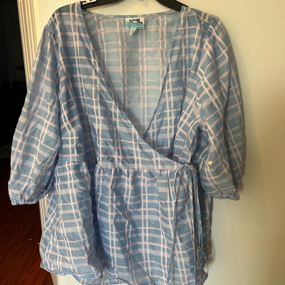 Blue Plaid Wrap Blouse by Future